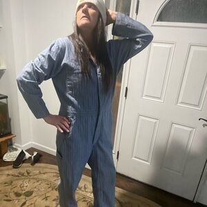 Striped Gray Jumpsuit. Size LG. 2 Front pockets on chest, hand pockets & back